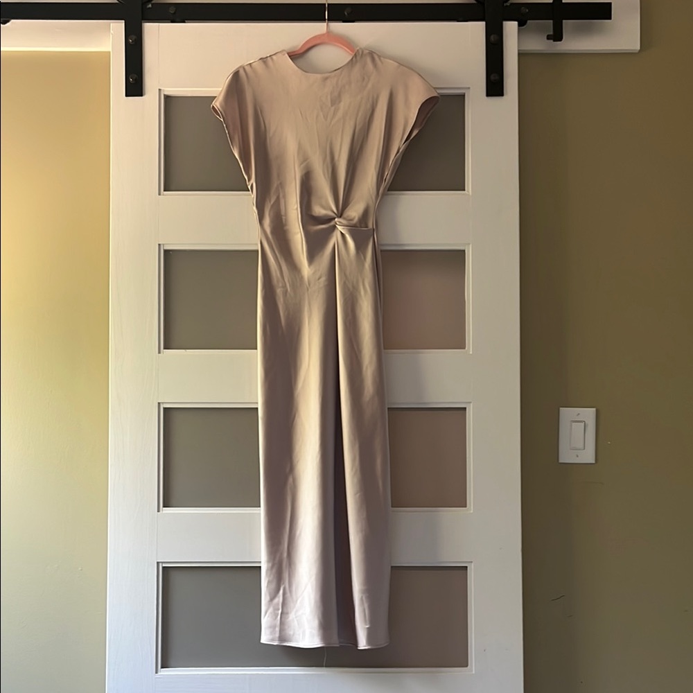 Zara Twist-Front Midi Dress in Beige satin XS neutral